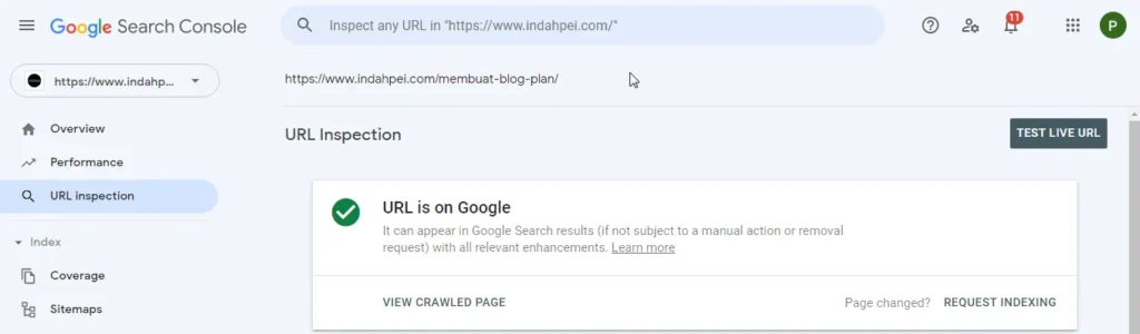 URL Inspection merupakan fungsi Google Search Console